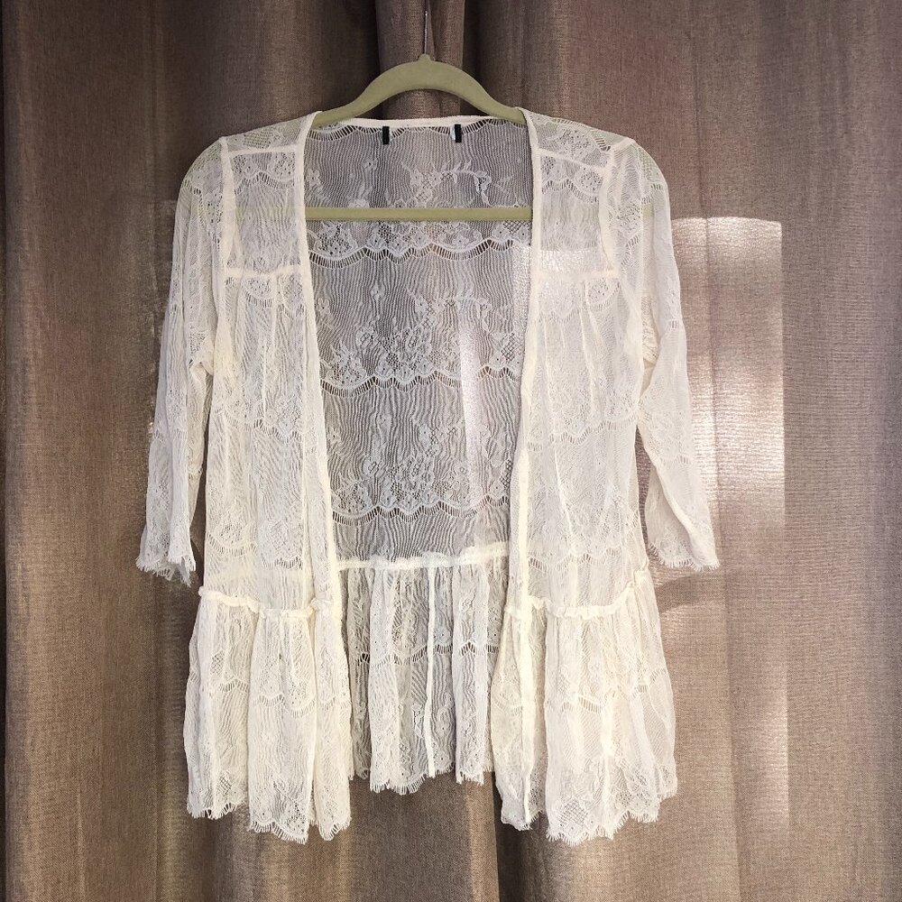 Lace Cover Up Light Sweater Stretchy in Cream Lrg Whimsigoth Boho Festival Top